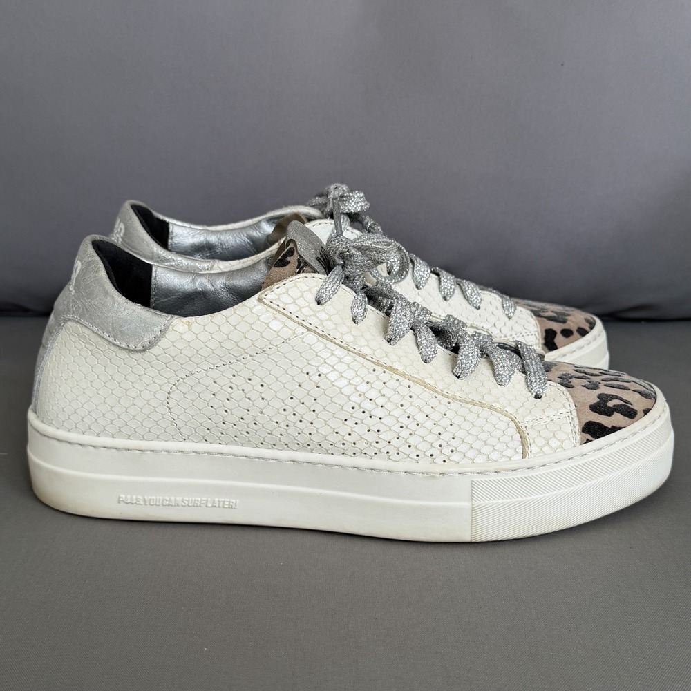 P448 John White Leopard Toe Leather Sneakers Women's EU 39 US 8.5 Silver
